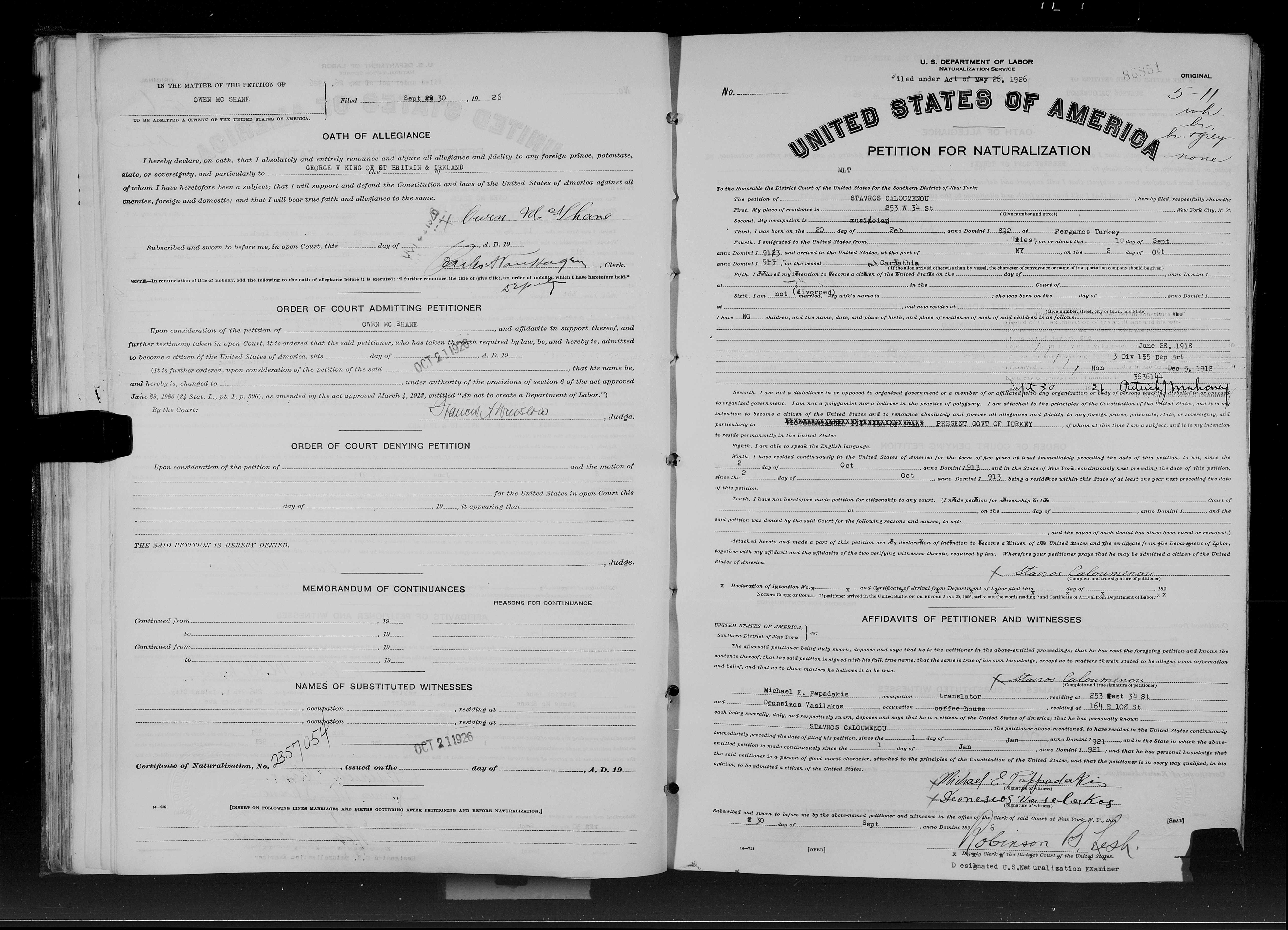 Stavros Caloumenou, Naturalization petition-1926.jpg